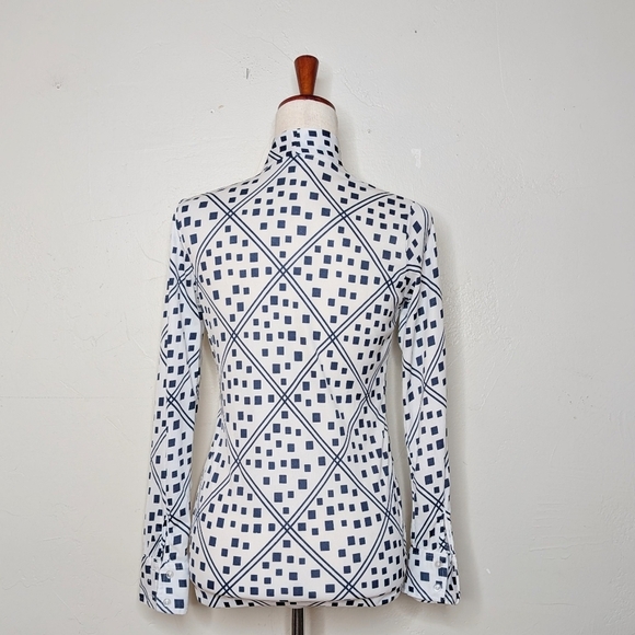 VTG 70s Montgomery Ward Blue and White Geometric Print Tie Neck Blouse Size 10 - Picture 5 of 7